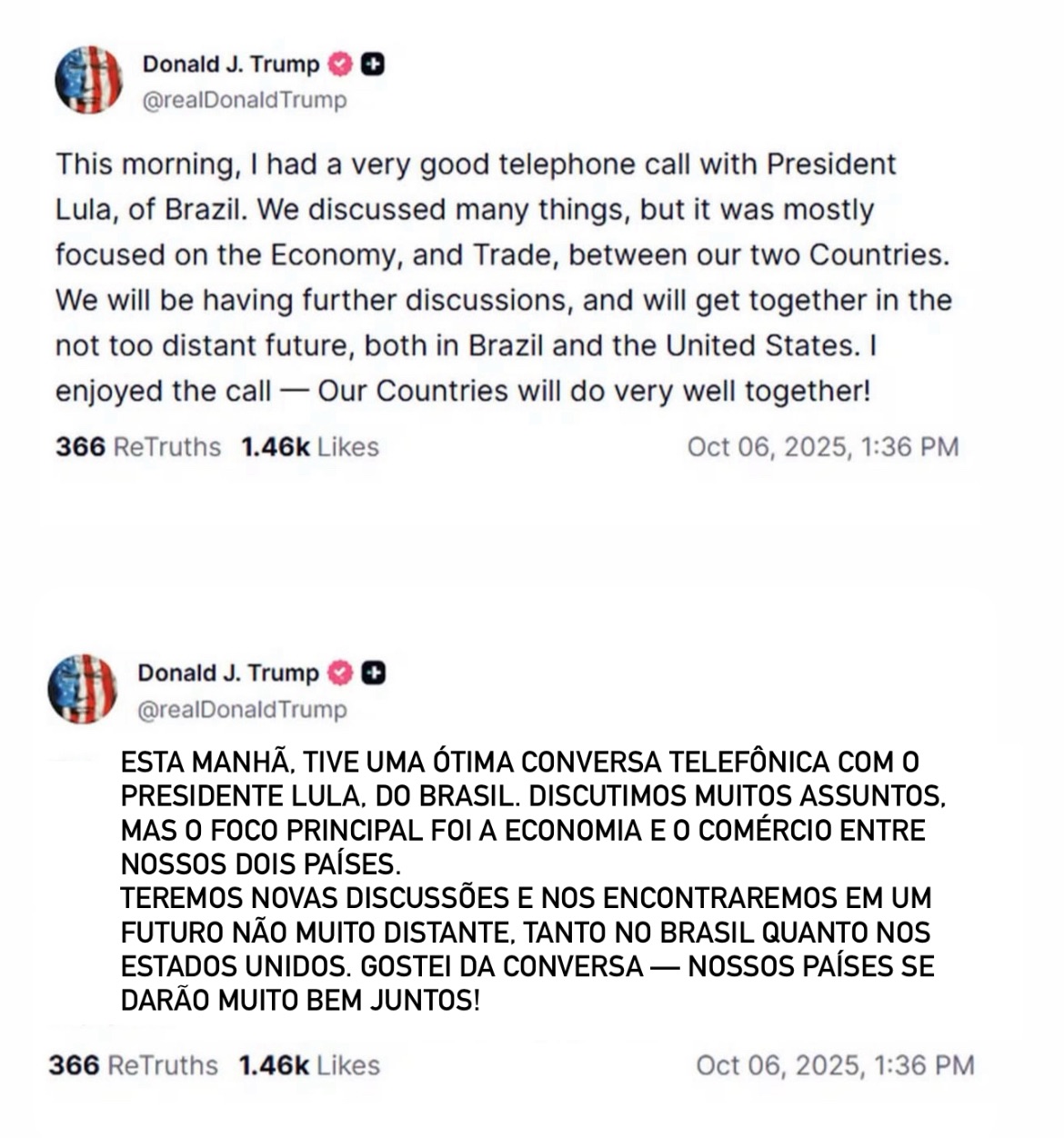 Trump confirma boa conversa com Lula e diz que Brasil e EUA “farão muito bem juntos”
