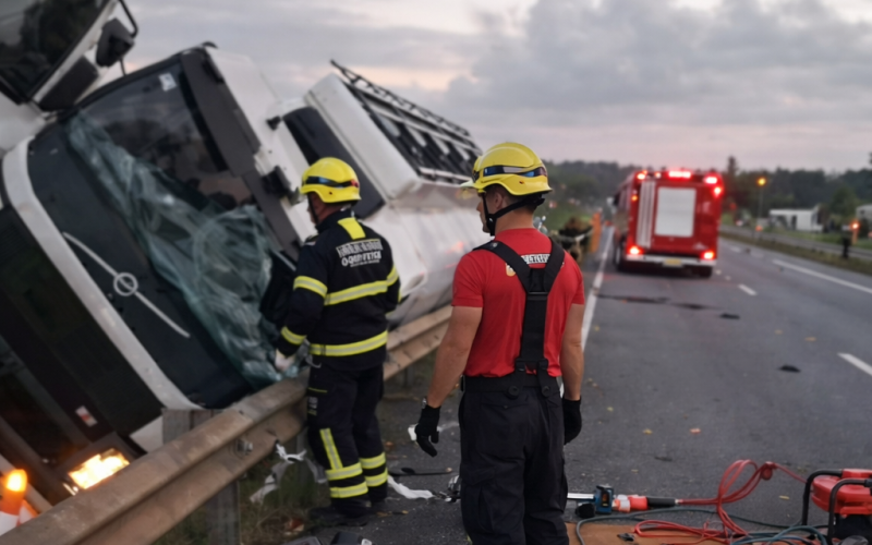 Carreta-tanque tomba na BR-101 em Goianinha e deixa motorista preso às ferragens