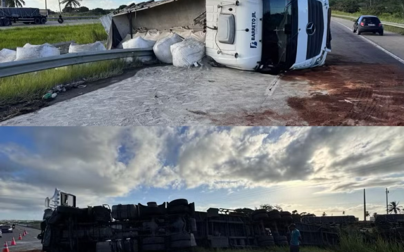 Caminhão carregado de cimento tomba na BR-101 em São José de Mipibu e interdita parcialmente a via