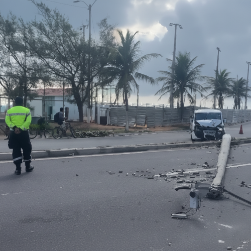 Carro derruba poste e interdita trecho próximo ao Viaduto de Santos Reis, em Natal