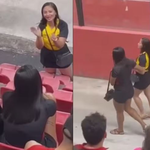 Mulher flagra traição do companheiro em estádio e vai embora com a amante após discussão