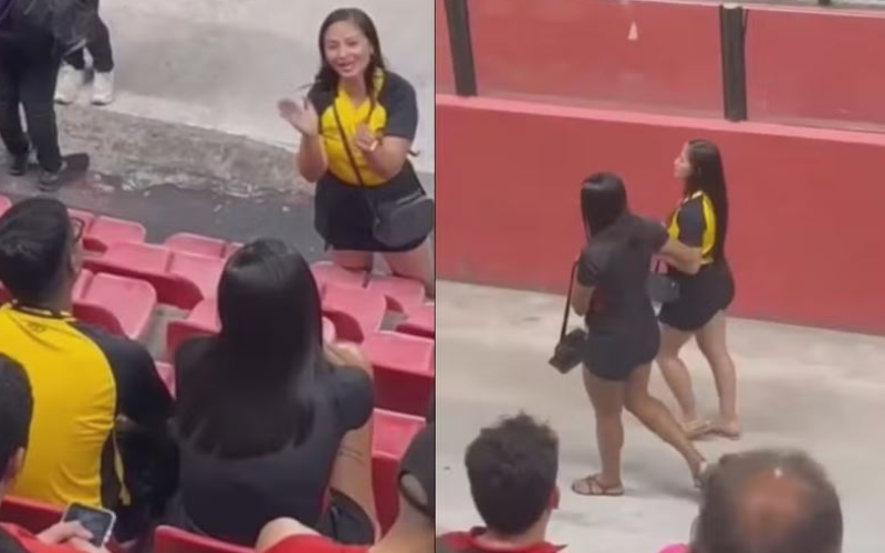 Mulher flagra traição do companheiro em estádio e vai embora com a amante após discussão