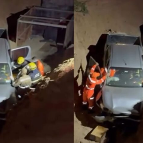 Carro cai em buraco de obra no cruzamento da Rua Escóssia com a BR-304, em Mossoró