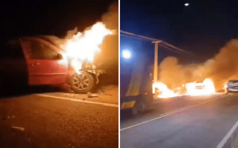 Acidente entre três veículos provoca incêndio na RN-288, no Seridó potiguar