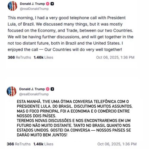Trump confirma boa conversa com Lula e diz que Brasil e EUA “farão muito bem juntos”