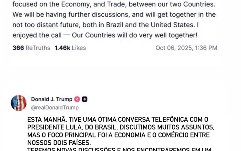 Trump confirma boa conversa com Lula e diz que Brasil e EUA “farão muito bem juntos”